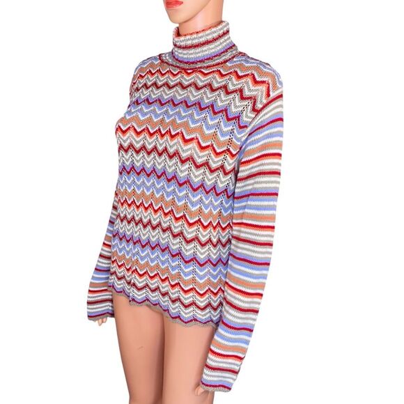 Fashion Bug Crocheted Turtleneck Sweater Colorful Chevron Pattern Womens Size LG - Picture 2 of 5